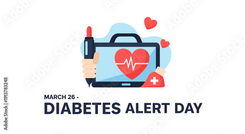 Hand holding tablet with heart and medical symbols for Diabetes Alert Day