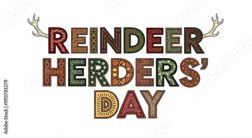 Vibrant Reindeer Herders' Day celebration with colorful patterned letters and antlers
