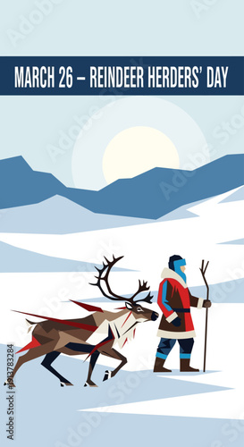 Reindeer herder leading reindeer across snowy landscape on Reindeer Herders' Day