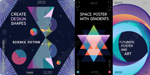 Abstract geometric designs with vibrant gradients and text overlays