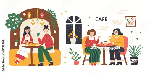 People enjoying coffee and conversation inside a cozy illustrated cafe setting
