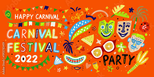 Bright carnival illustration featuring colorful masks confetti and festive lettering