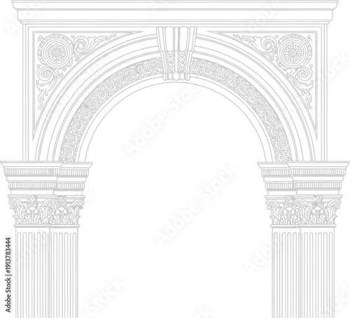 An ornate archway with columns stands prominently in a classical architectural illustration
