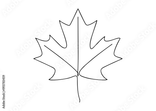 A lone maple leaf illustration drawn with simple black lines on a plain white background viewed from directly above