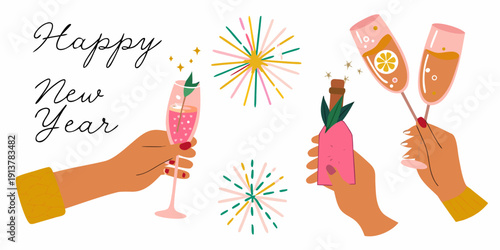 Happy new year celebration with champagne fireworks and hands