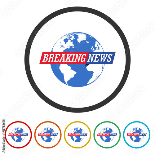 Breaking news banner with globe icon. Set icons in color circle buttons