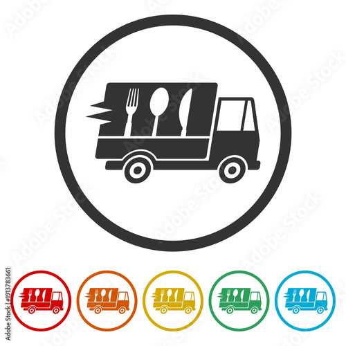 Food truck sign icon. Set icons in color circle buttons