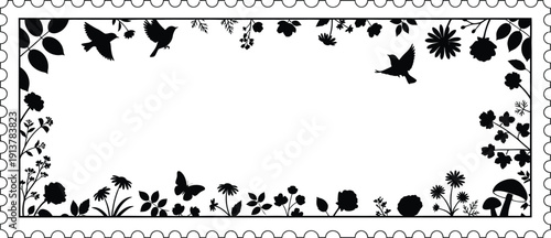 Decorative border featuring silhouettes of birds, flowers, and leaves on a rectangular frame with scalloped edges