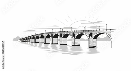 Historic stone arch bridge crosses calm water under cloudy skies at sunset