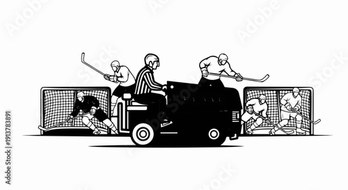 Hockey players and an official surround an ice resurfacing machine