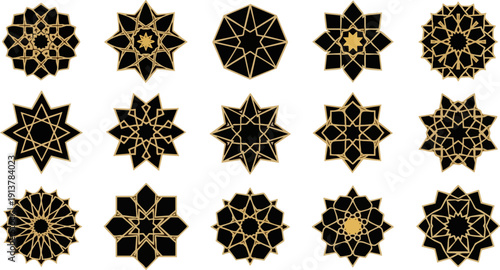 Collection of intricate golden geometric mandala patterns set against black