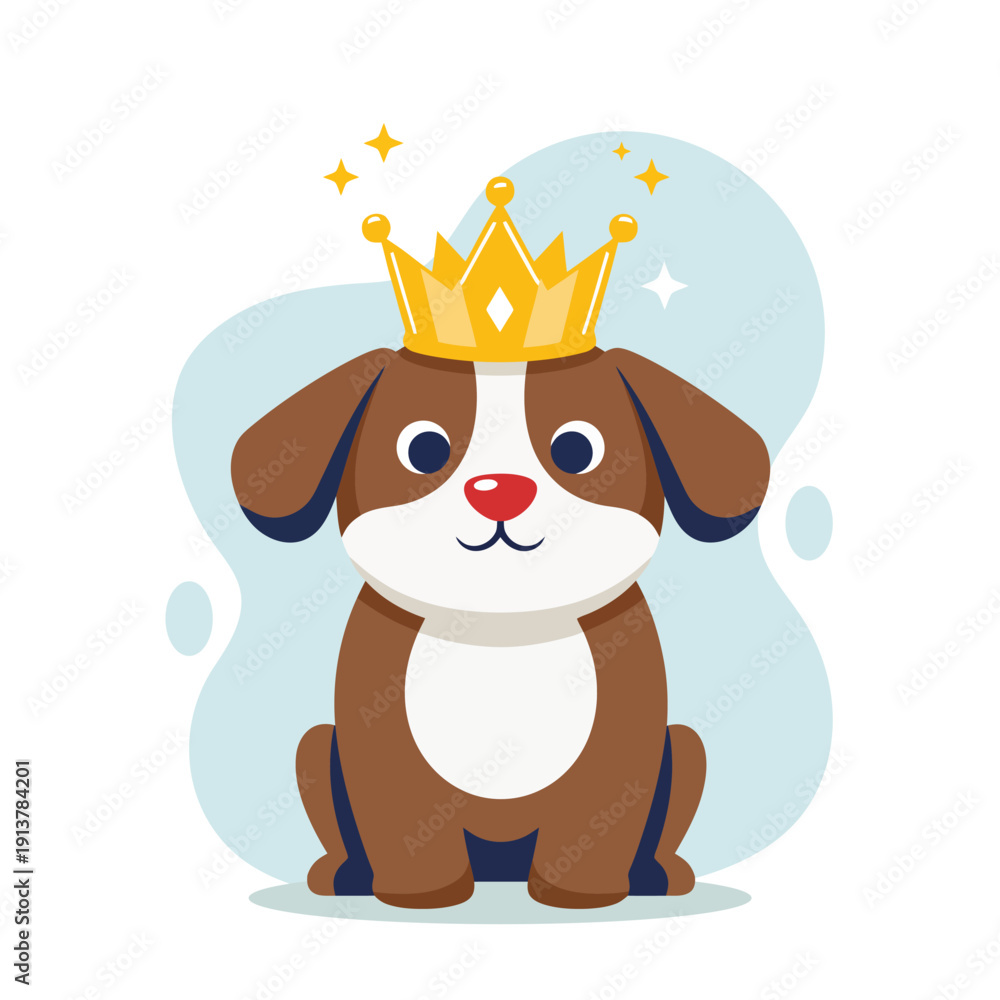 Fototapeta premium Adorable cartoon puppy wearing royal golden crown flat design vector empty state ui element