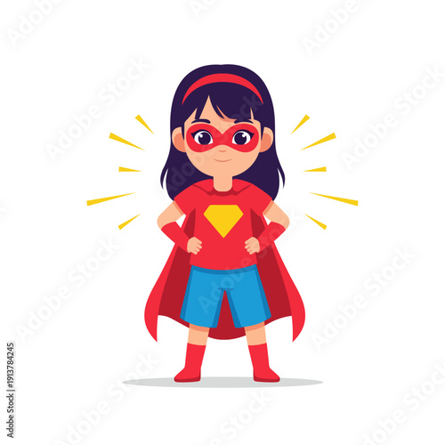 Adorable girl superhero standing in power stance flat design vector empty state ui element