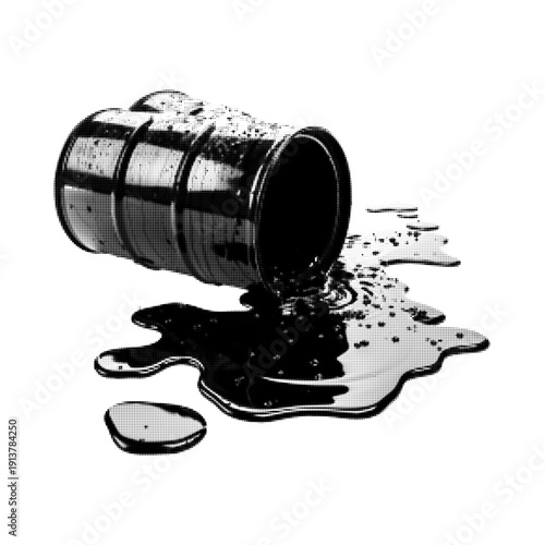 Black and white halftone illustration of overturned oil barrel with spill. Environmental pollution, contamination, waste and industrial hazard concept isolated on white.