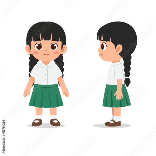 Smiling little schoolgirl character illustration showing front and profile poses flat design vector empty state ui graphic