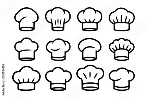 Chef hat icon set. Hand drawn restaurant uniform symbol collection. Cooking and bakery equipment. Vector illustration isolated on white background.