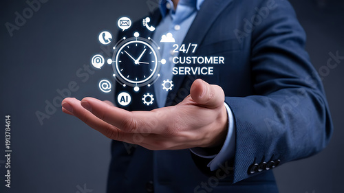 a male businessman's outstretched hand presenting a glowing holographic clock and surrounding service icons, created with generative ai