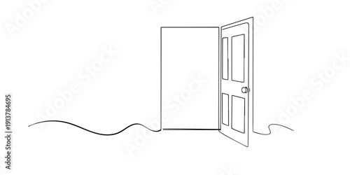 Single line style illustration of an open door. Minimalist line art representing opportunity, new beginning, transition, and simple interior concept.