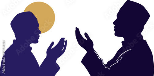 Two Muslim men praying together under a golden moon silhouette