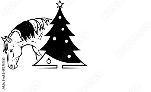 Horse with a Christmas tree and ornaments