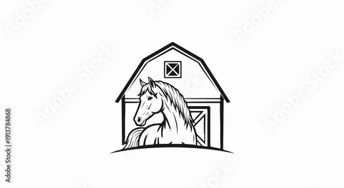 Horse head emerging from a barn, black and white graphic