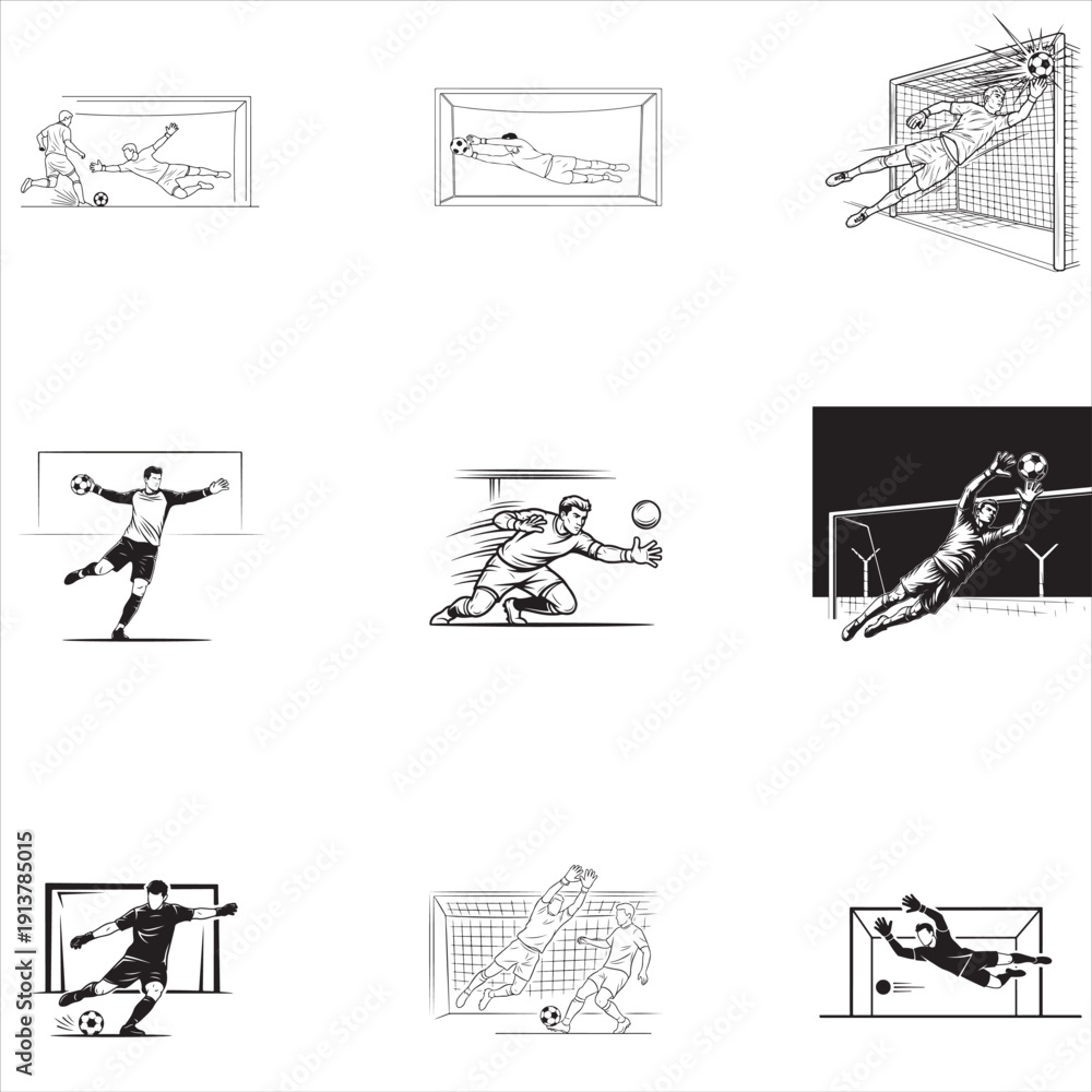 Obraz premium Soccer goalkeepers making saves and players kicking ball, football game action set