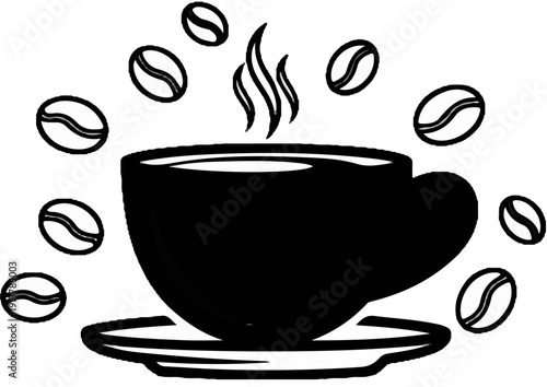 Hot cup of coffee with steam and scattered coffee beans