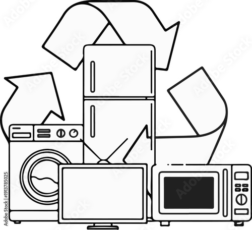 Household appliances arranged around a recycling symbol
