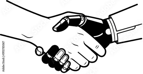 Human hand clasps robotic hand in a gesture of agreement and collaboration