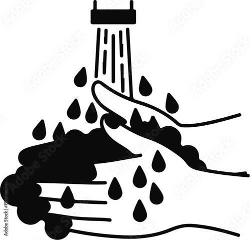 Icon of hands being washed with water from a faucet, creating soap bubbles and droplets