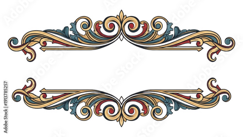 Intricate symmetrical decorative elements in vintage style, showcasing ornate designs and patterns from a classic viewpoint