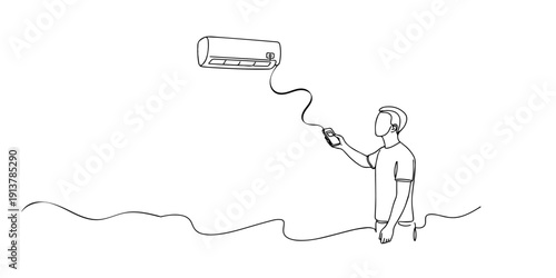 Single line style illustration of a man turning off air conditioner with a remote. Minimalist line art representing energy saving.