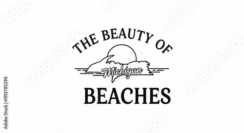 Iconic Michigan beaches represented with a sun and cursive text
