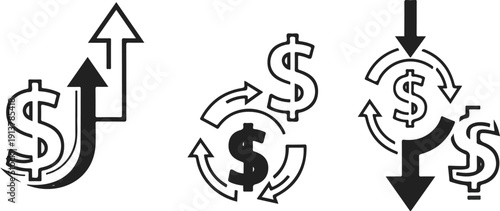 Icons depicting financial growth, circular financial flow, and financial decline
