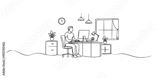 Single line style illustration of a man working at a desk in a modern office room. Minimalist line art representing productivity, workspace, and daily work routine.