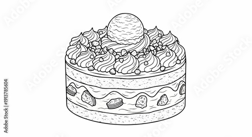 Illustrated layered cake with swirl frosting, scoop of ice cream, and nut pieces