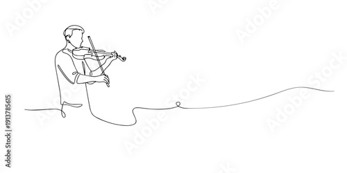 Line art illustration of a man playing violin with elegant posture. Hand drawn continuous line representing classical music, melody, artistic expression, and performance.