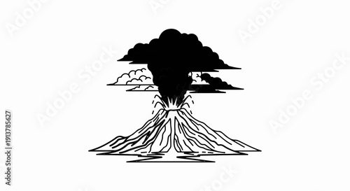 Illustration of a conical volcano erupting with dark smoke and ash