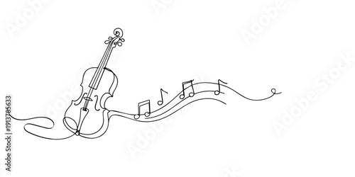 Line art illustration of a violin with flowing musical notes. Hand drawn continuous line representing melody, classical music, harmony, and artistic expression.