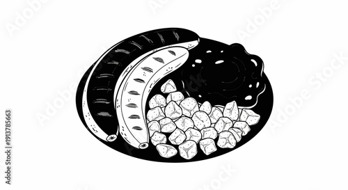 Illustrated platter of grilled sausage, cubed potatoes, and dark sauce