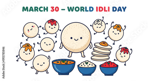 Cute cartoon idli celebrating World Idli Day with various toppings