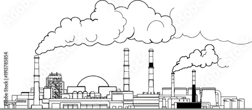 Industrial complex with smokestacks emitting large plumes of smoke into the sky