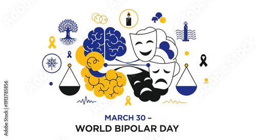World Bipolar Day awareness graphic with brain and theater masks