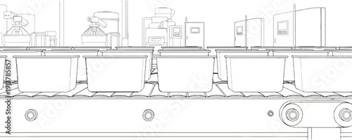 Industrial conveyor belt carrying containers in a factory setting