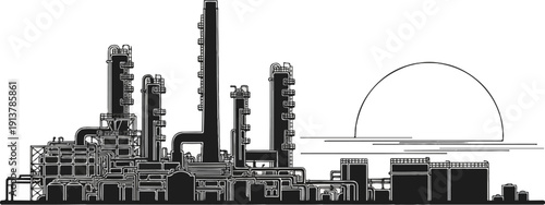 Industrial complex with tall towers, pipes, tanks, and a dome on horizon