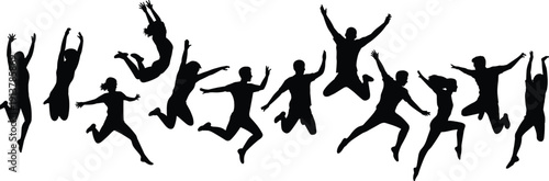 Group of happy people jumping silhouette, teamwork celebration, success energy, freedom motion, youth lifestyle, community joy, dynamic action, white background