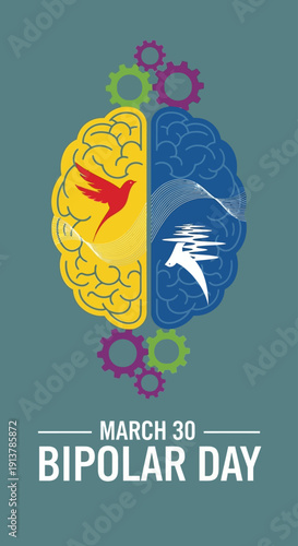 Bipolar Day awareness illustration with brain and birds symbolizing mental health