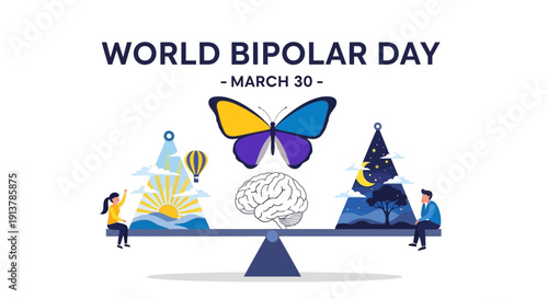World Bipolar Day illustration with balanced mental health concept