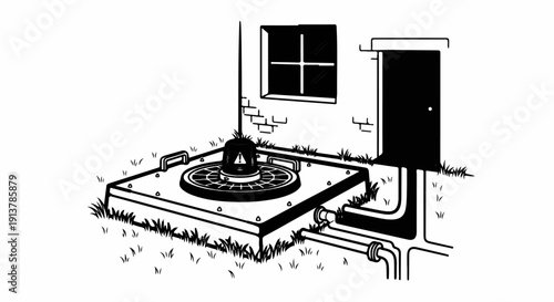 Industrial equipment with warning sign near building and pipes