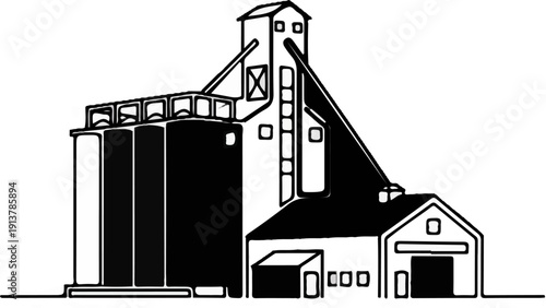 Industrial grain storage facility with silos and attached buildings